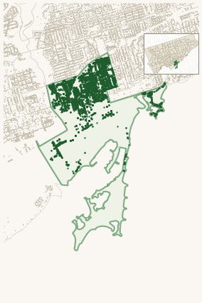 Map of South Riverdale showing the neighbourhood outlined in green with every city-owned street tree as a dark-green dot, plus a locator inset showing its position in Toronto.