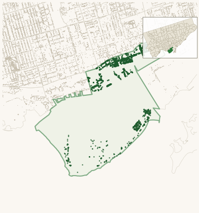 Map of St Lawrence-East Bayfront-The Islands showing the neighbourhood outlined in green with every city-owned street tree as a dark-green dot, plus a locator inset showing its position in Toronto.