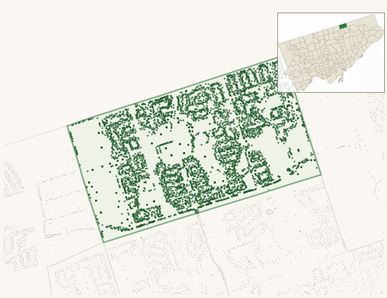 Map of Steeles showing the neighbourhood outlined in green with every city-owned street tree as a dark-green dot, plus a locator inset showing its position in Toronto.
