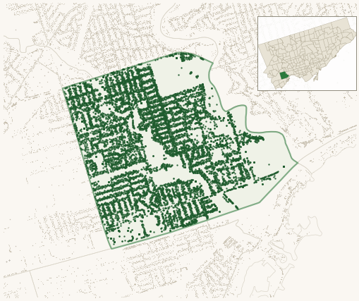 Map of Stonegate-Queensway showing the neighbourhood outlined in green with every city-owned street tree as a dark-green dot, plus a locator inset showing its position in Toronto.