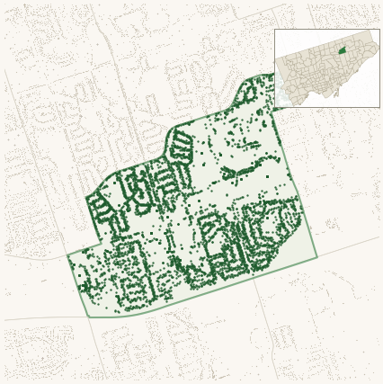 Map of Tam O'Shanter-Sullivan showing the neighbourhood outlined in green with every city-owned street tree as a dark-green dot, plus a locator inset showing its position in Toronto.