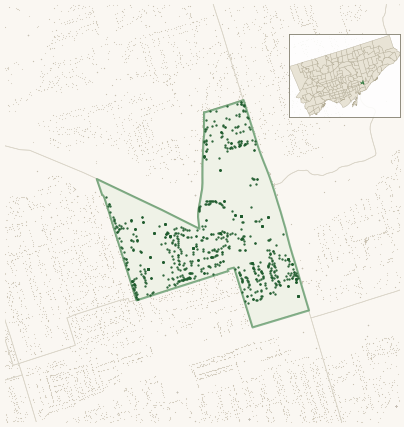 Map of Taylor-Massey showing the neighbourhood outlined in green with every city-owned street tree as a dark-green dot, plus a locator inset showing its position in Toronto.