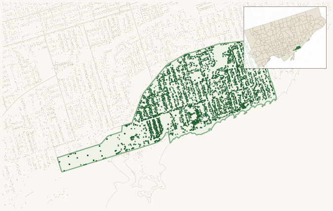 Map of The Beaches showing the neighbourhood outlined in green with every city-owned street tree as a dark-green dot, plus a locator inset showing its position in Toronto.
