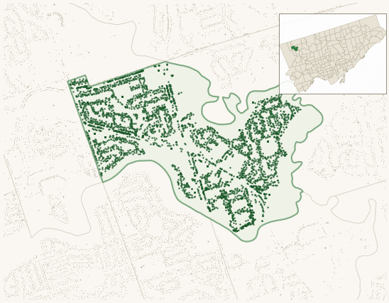 Map of Thistletown-Beaumond Heights showing the neighbourhood outlined in green with every city-owned street tree as a dark-green dot, plus a locator inset showing its position in Toronto.