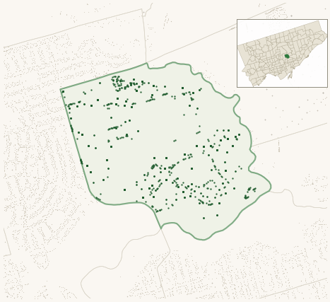 Map of Thorncliffe Park showing the neighbourhood outlined in green with every city-owned street tree as a dark-green dot, plus a locator inset showing its position in Toronto.
