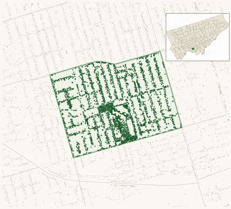 Map of Trinity-Bellwoods showing the neighbourhood outlined in green with every city-owned street tree as a dark-green dot, plus a locator inset showing its position in Toronto.