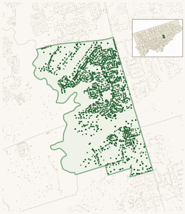 Map of Victoria Village showing the neighbourhood outlined in green with every city-owned street tree as a dark-green dot, plus a locator inset showing its position in Toronto.