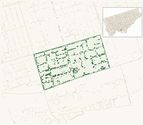 Map of Wellington Place showing the neighbourhood outlined in green with every city-owned street tree as a dark-green dot, plus a locator inset showing its position in Toronto.