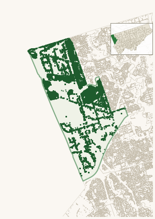 Map of West Humber-Clairville showing the neighbourhood outlined in green with every city-owned street tree as a dark-green dot, plus a locator inset showing its position in Toronto.