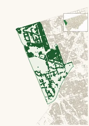 Map of West Humber-Clairville showing the neighbourhood outlined in green with every city-owned street tree as a dark-green dot, plus a locator inset showing its position in Toronto.