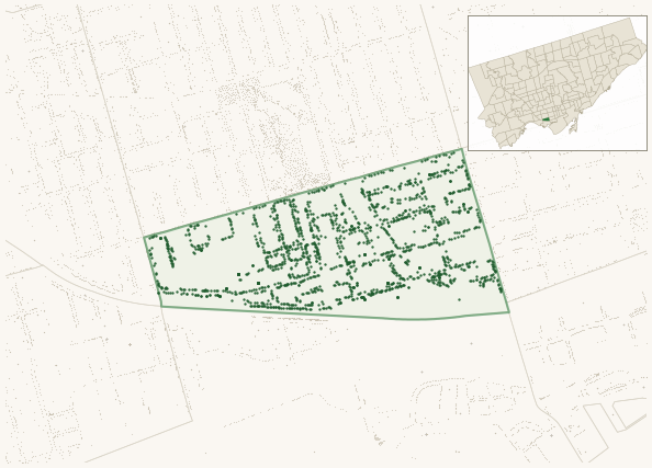 Map of West Queen West showing the neighbourhood outlined in green with every city-owned street tree as a dark-green dot, plus a locator inset showing its position in Toronto.
