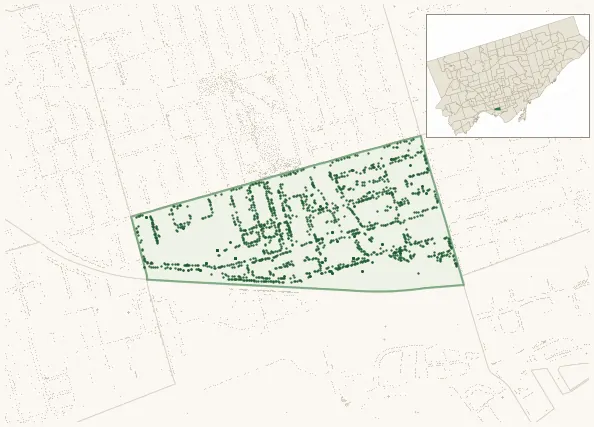 Map of West Queen West showing the neighbourhood outlined in green with every city-owned street tree as a dark-green dot, plus a locator inset showing its position in Toronto.