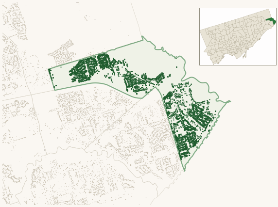 Map of West Rouge showing the neighbourhood outlined in green with every city-owned street tree as a dark-green dot, plus a locator inset showing its position in Toronto.