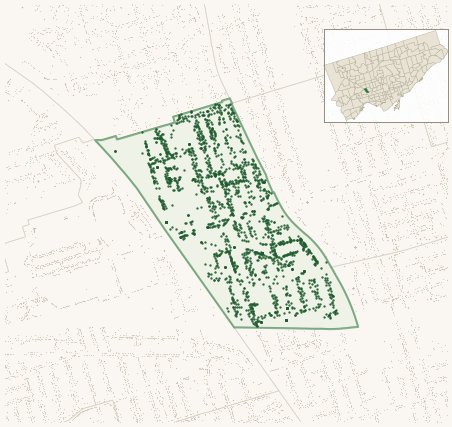 Map of Weston-Pelham Park showing the neighbourhood outlined in green with every city-owned street tree as a dark-green dot, plus a locator inset showing its position in Toronto.