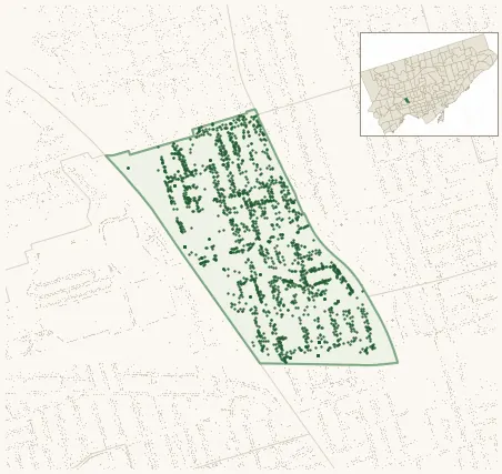 Map of Weston-Pelham Park showing the neighbourhood outlined in green with every city-owned street tree as a dark-green dot, plus a locator inset showing its position in Toronto.