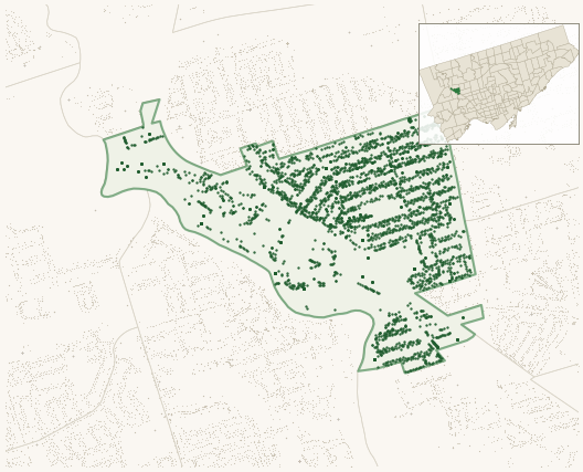 Map of Weston showing the neighbourhood outlined in green with every city-owned street tree as a dark-green dot, plus a locator inset showing its position in Toronto.