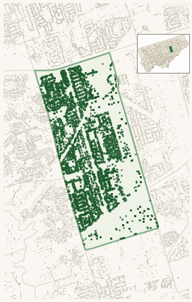 Map of Wexford/Maryvale showing the neighbourhood outlined in green with every city-owned street tree as a dark-green dot, plus a locator inset showing its position in Toronto.