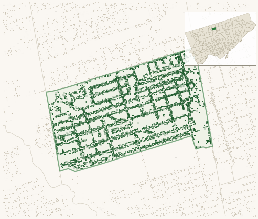 Map of Willowdale West showing the neighbourhood outlined in green with every city-owned street tree as a dark-green dot, plus a locator inset showing its position in Toronto.