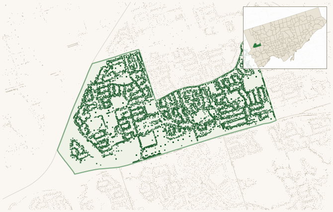 Map of Willowridge-Martingrove-Richview showing the neighbourhood outlined in green with every city-owned street tree as a dark-green dot, plus a locator inset showing its position in Toronto.