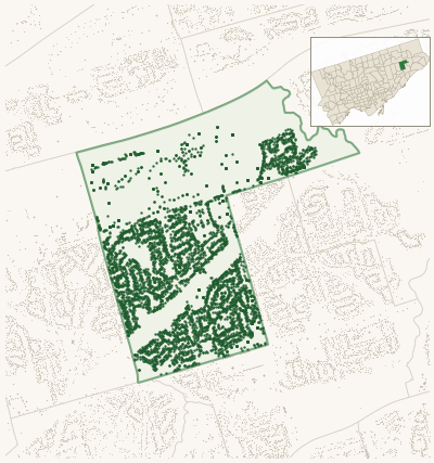 Map of Woburn North showing the neighbourhood outlined in green with every city-owned street tree as a dark-green dot, plus a locator inset showing its position in Toronto.
