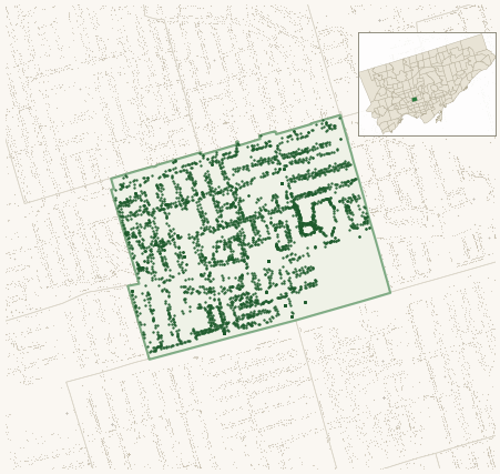 Map of Wychwood showing the neighbourhood outlined in green with every city-owned street tree as a dark-green dot, plus a locator inset showing its position in Toronto.