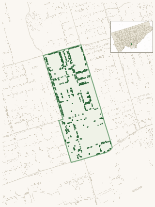 Map of Yonge-Bay Corridor showing the neighbourhood outlined in green with every city-owned street tree as a dark-green dot, plus a locator inset showing its position in Toronto.