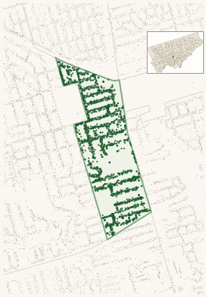 Map of Yonge-St.Clair showing the neighbourhood outlined in green with every city-owned street tree as a dark-green dot, plus a locator inset showing its position in Toronto.