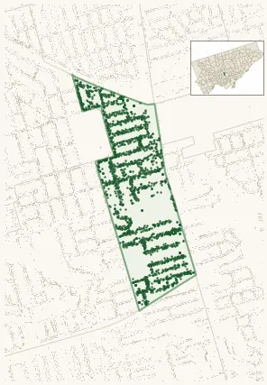 Map of Yonge-St.Clair showing the neighbourhood outlined in green with every city-owned street tree as a dark-green dot, plus a locator inset showing its position in Toronto.