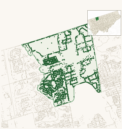 Map of York University Heights showing the neighbourhood outlined in green with every city-owned street tree as a dark-green dot, plus a locator inset showing its position in Toronto.