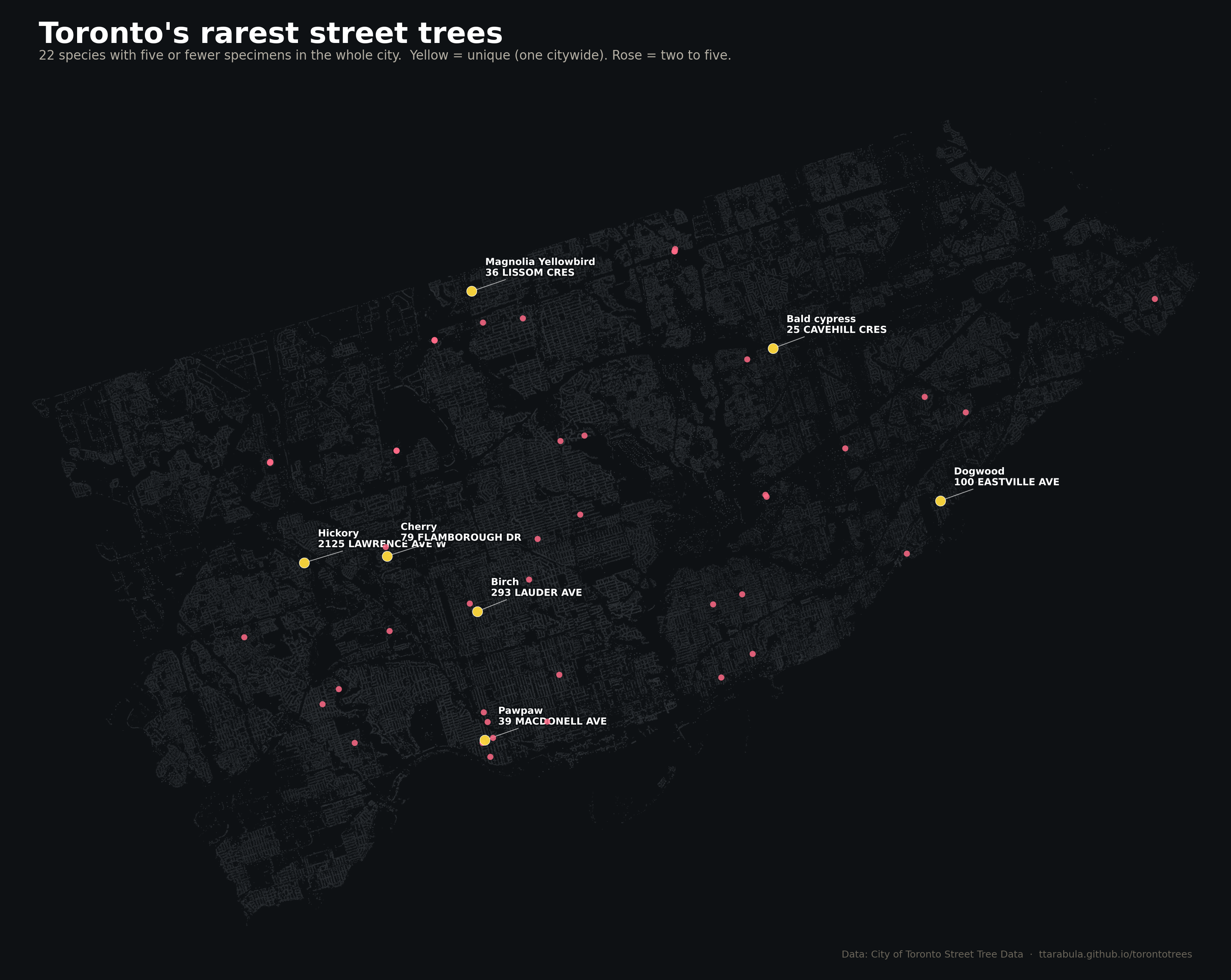 Map of Toronto with the city's 22 rarest tree species marked.