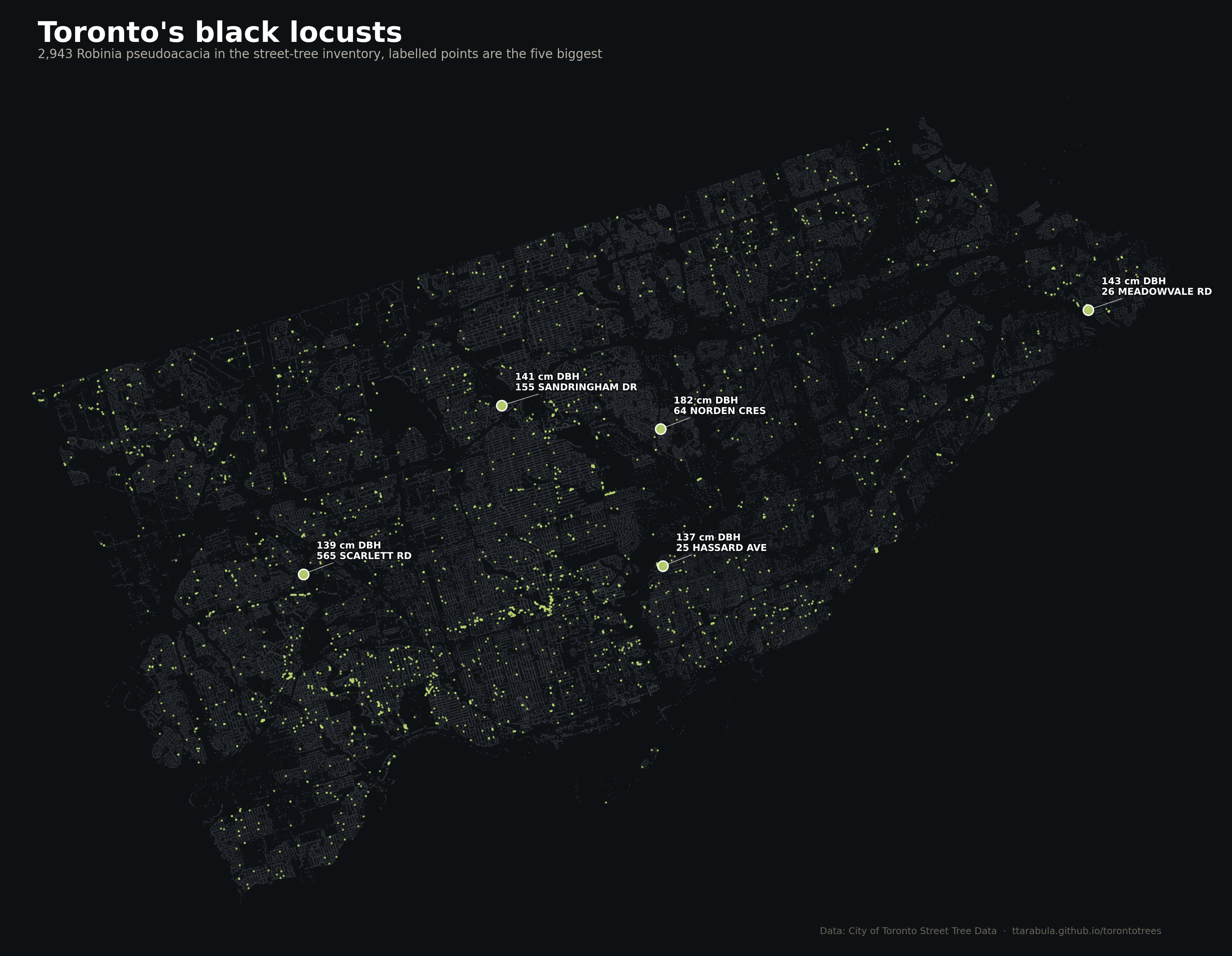 Map of Toronto showing every black locust tree as a yellow-green dot.