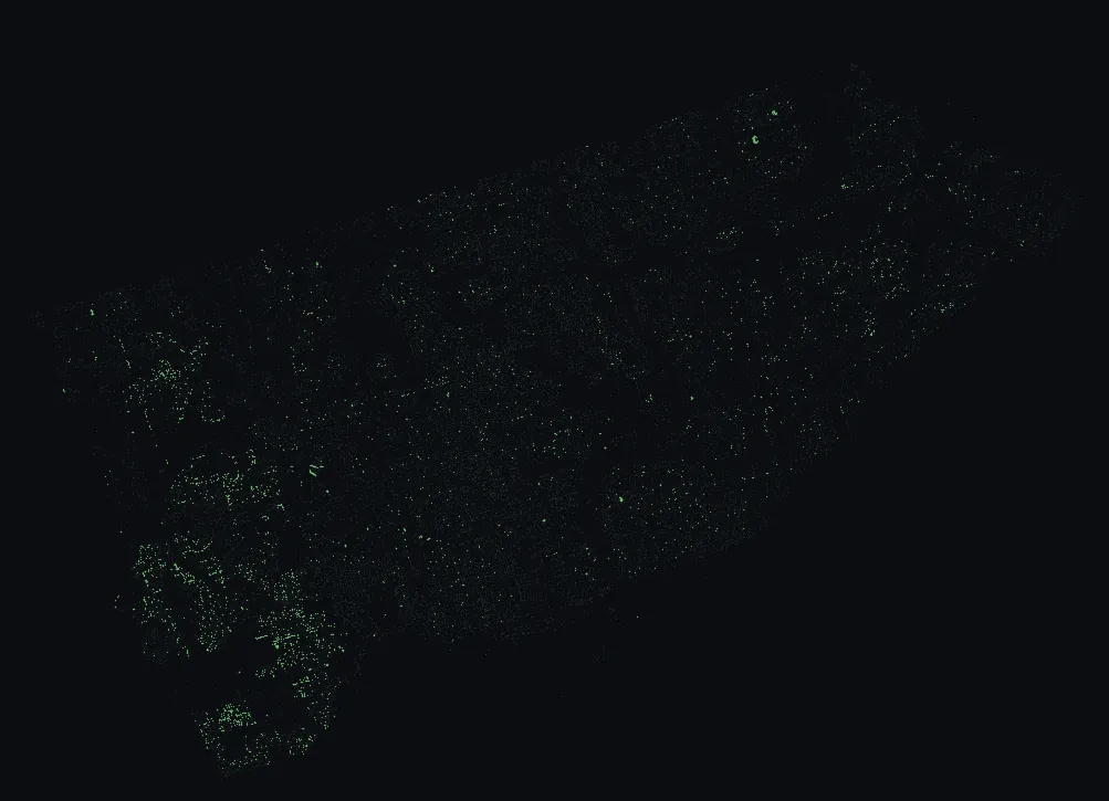 Map of Toronto with every hedge maple highlighted, over a dimmed dot-map of every other species in the city.