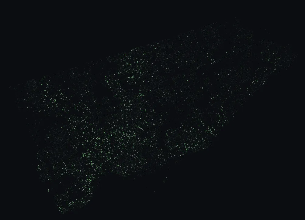 Map of Toronto with every manitoba maple highlighted, over a dimmed dot-map of every other species in the city.