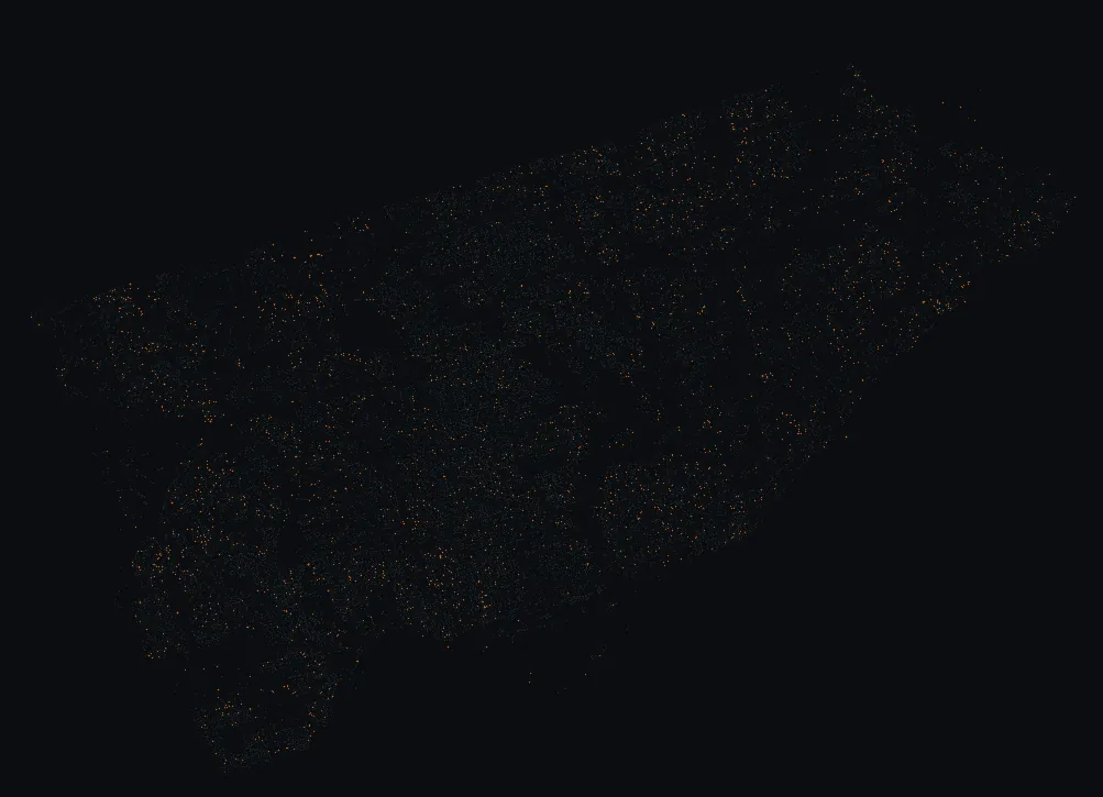 Map of Toronto with every black maple highlighted, over a dimmed dot-map of every other species in the city.