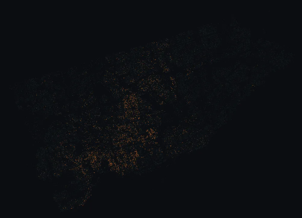 Map of Toronto with every japanese maple highlighted, over a dimmed dot-map of every other species in the city.