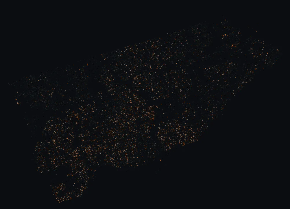 Map of Toronto with every red maple highlighted, over a dimmed dot-map of every other species in the city.