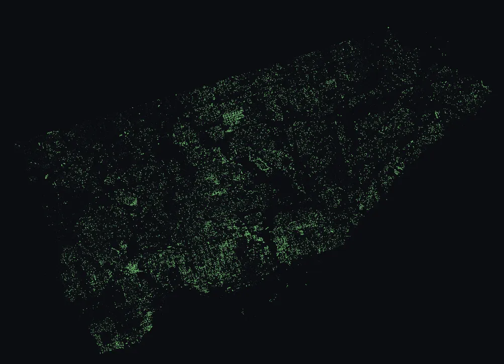 Map of Toronto with every silver maple highlighted, over a dimmed dot-map of every other species in the city.