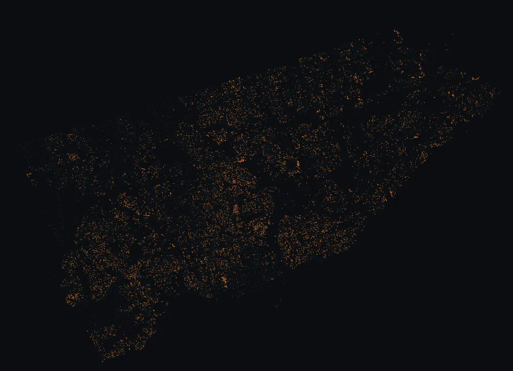 Map of Toronto with every sugar maple highlighted, over a dimmed dot-map of every other species in the city.
