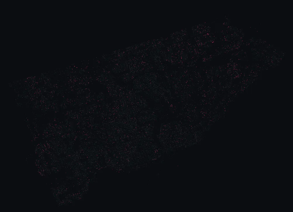 Map of Toronto with every ohio buckeye highlighted, over a dimmed dot-map of every other species in the city.