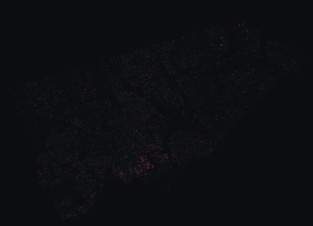 Map of Toronto with every horsechestnut highlighted, over a dimmed dot-map of every other species in the city.
