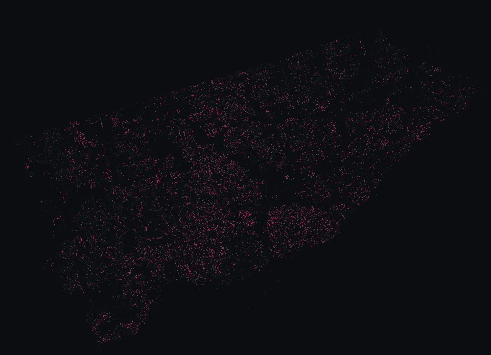 Map of Toronto with every serviceberry highlighted, over a dimmed dot-map of every other species in the city.