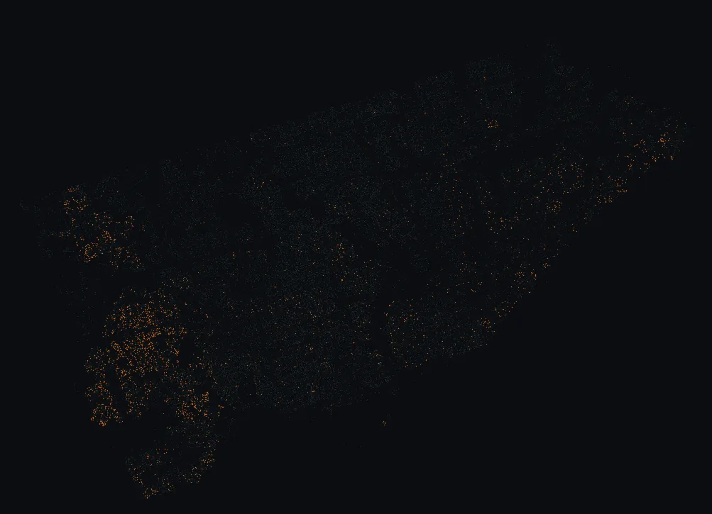 Map of Toronto with every birch highlighted, over a dimmed dot-map of every other species in the city.