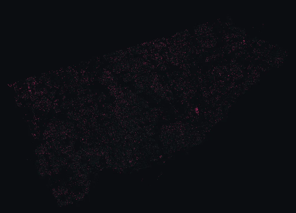 Map of Toronto with every northern catalpa highlighted, over a dimmed dot-map of every other species in the city.