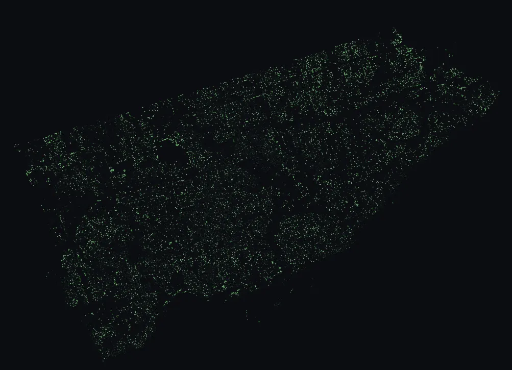 Map of Toronto with every hackberry highlighted, over a dimmed dot-map of every other species in the city.