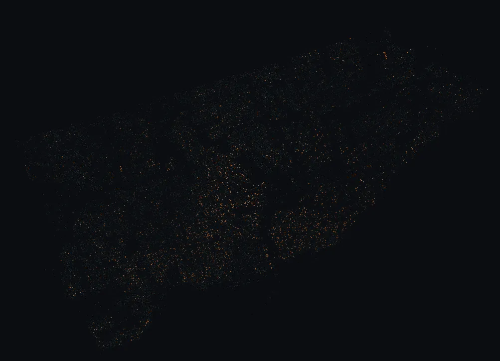 Map of Toronto with every japanese katsura highlighted, over a dimmed dot-map of every other species in the city.