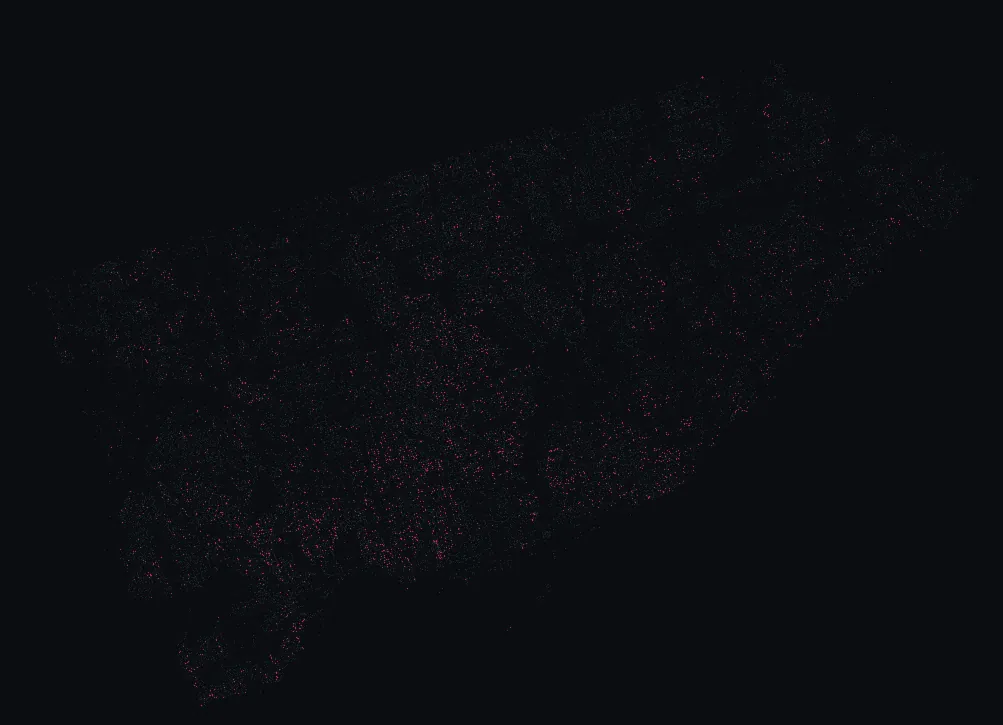 Map of Toronto with every redbud highlighted, over a dimmed dot-map of every other species in the city.
