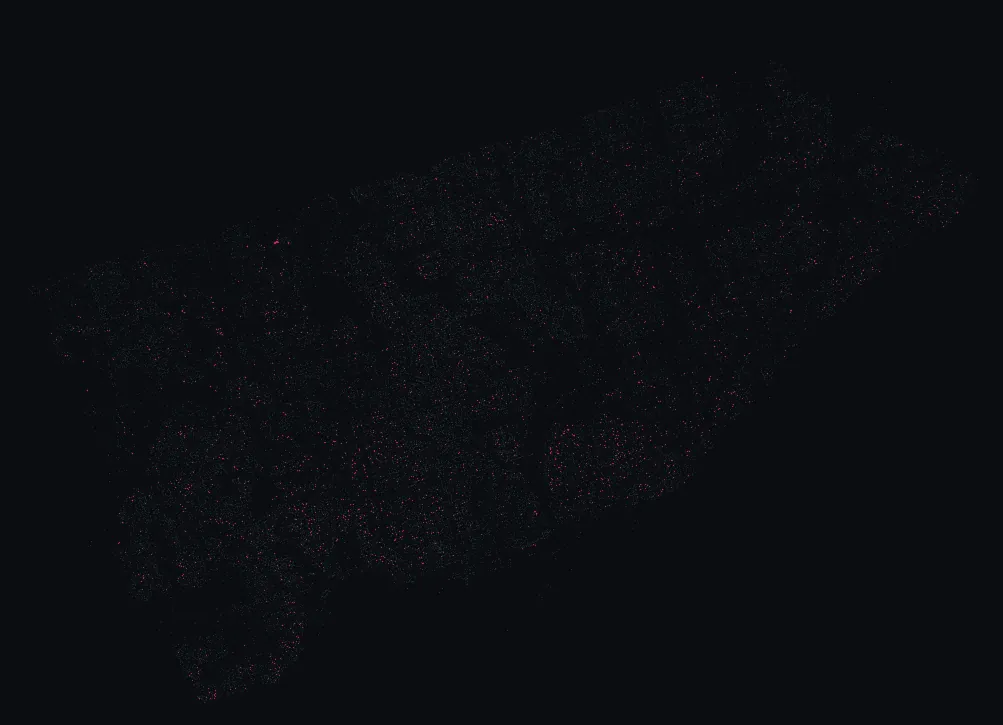 Map of Toronto with every kentucky yellowwood highlighted, over a dimmed dot-map of every other species in the city.