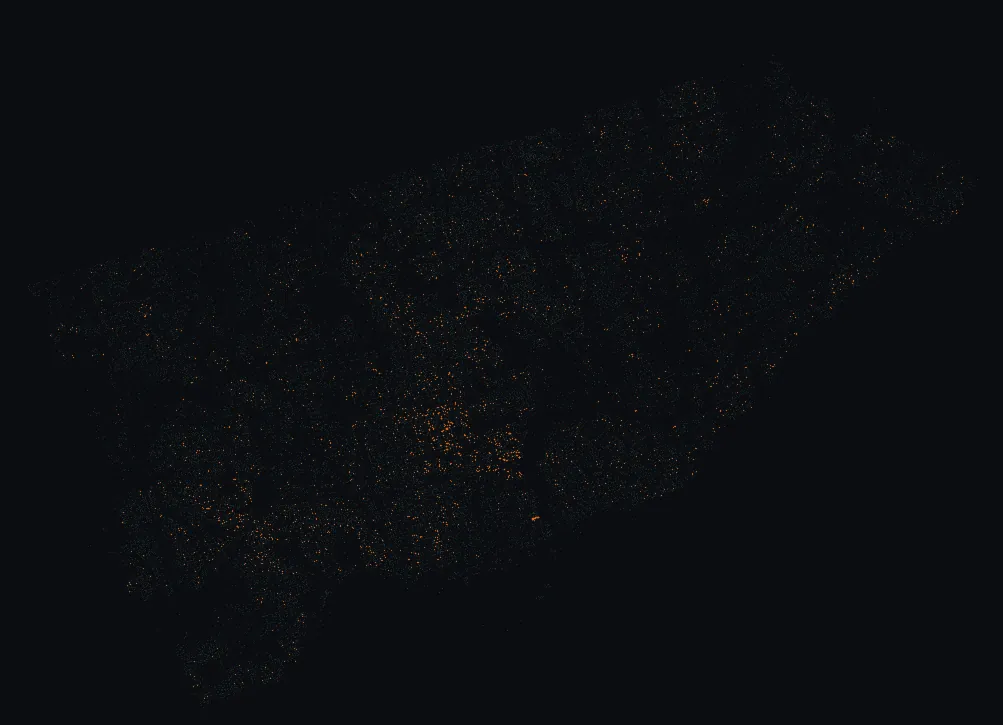 Map of Toronto with every european beech highlighted, over a dimmed dot-map of every other species in the city.