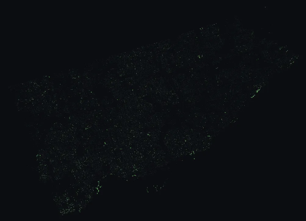 Map of Toronto with every white ash highlighted, over a dimmed dot-map of every other species in the city.