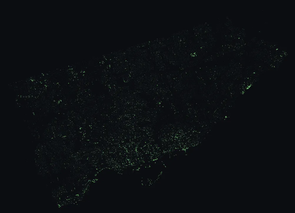 Map of Toronto with every green ash highlighted, over a dimmed dot-map of every other species in the city.